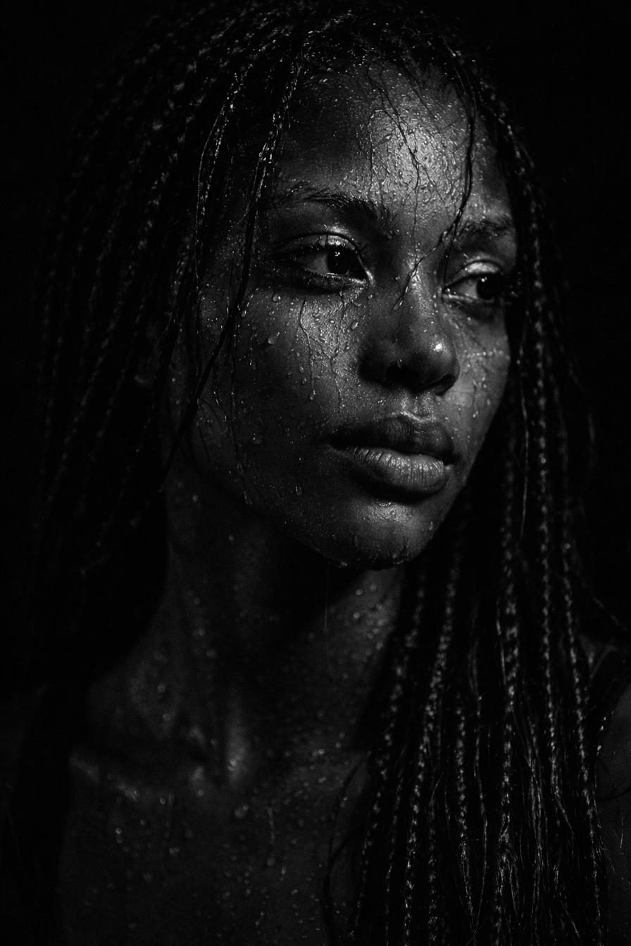 Ashley in the rain, hood up, looking off to one side.