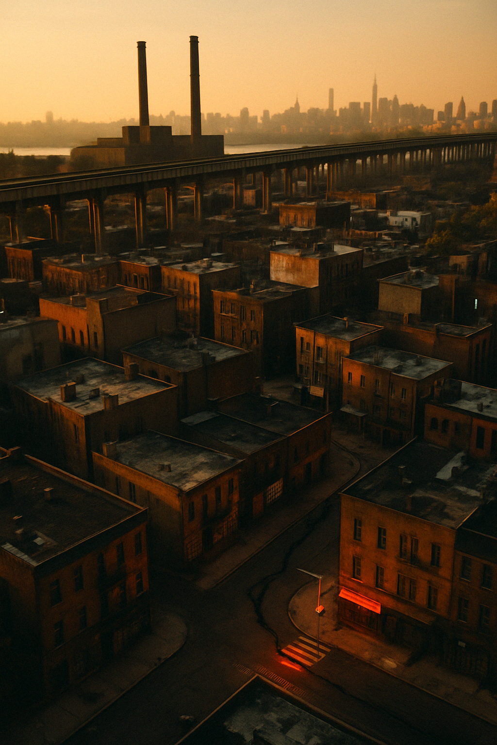 Bethany rooftops at sunset with the city skyline beyond.