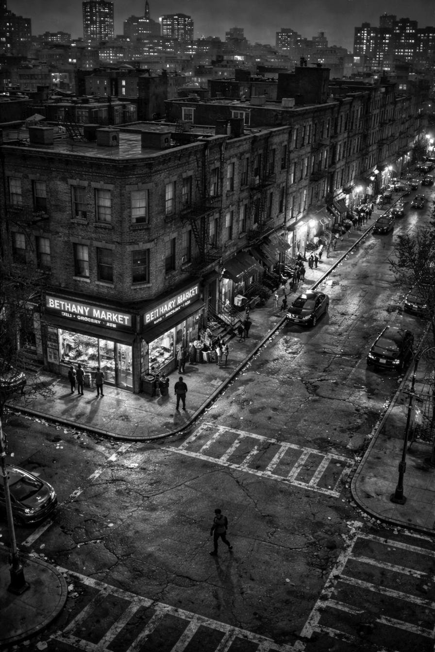 Bethany from above at night, wet streets running out from a lit corner.
