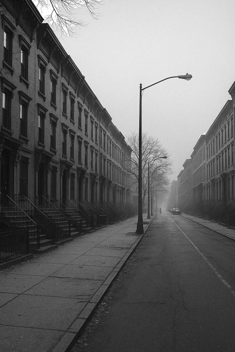 An empty Bethany street in fog.