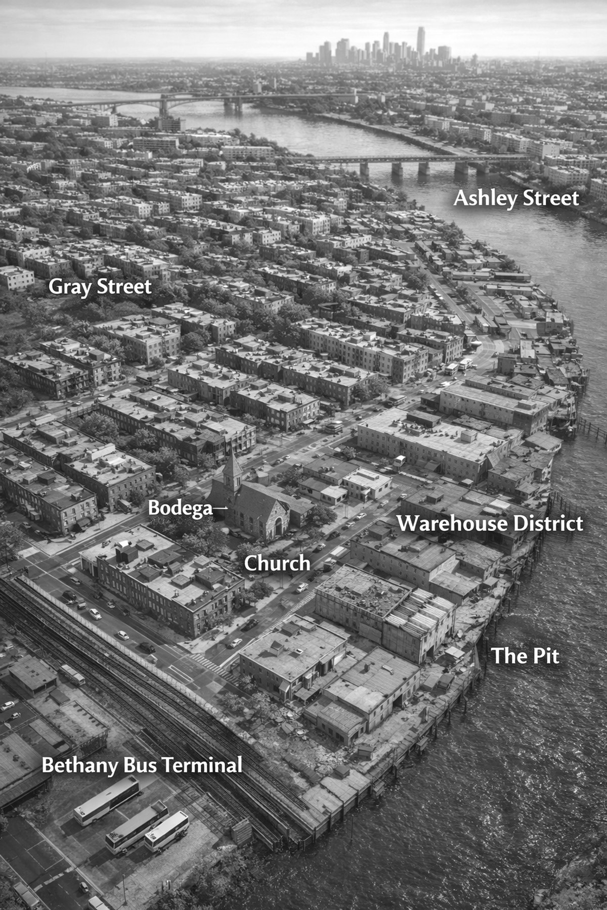 An aerial map of Bethany with its streets and landmarks labelled: Ashley Street, Gray Street, the bodega, the church, the warehouse district, the Pit and the Bethany bus terminal.