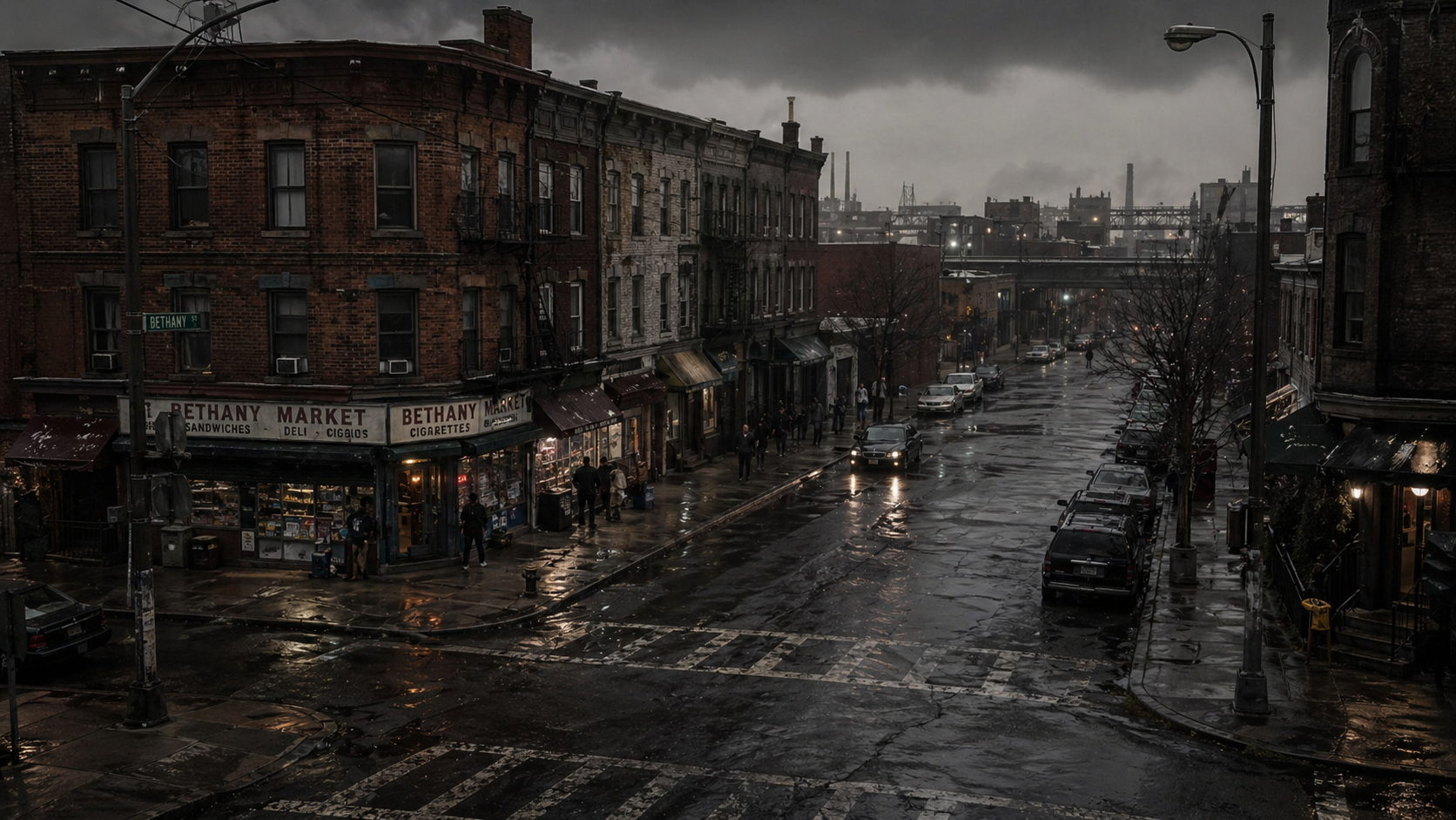 A Bethany street at night, wet with rain.