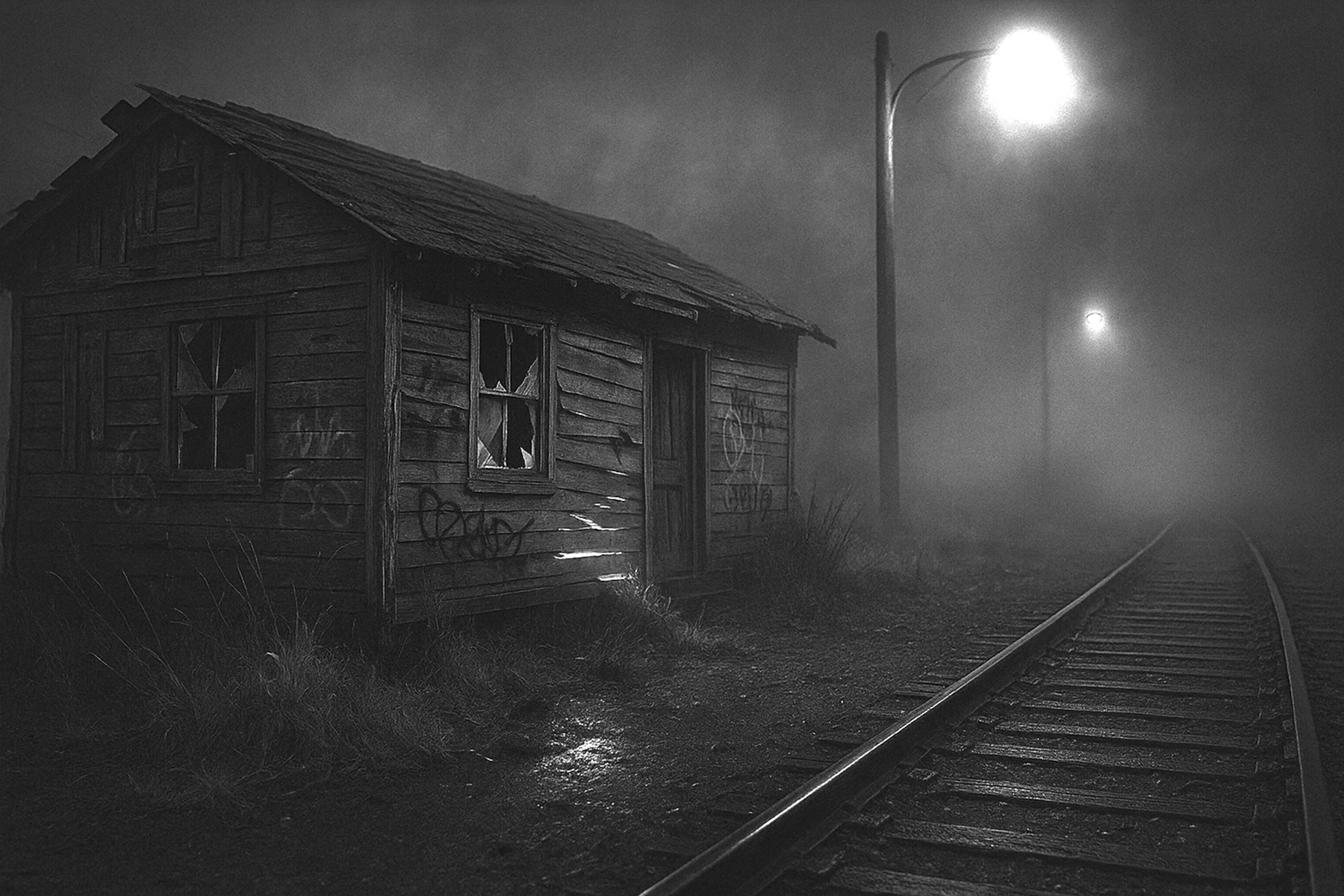 A misty railroad crossing on the edge of Bethany at night.