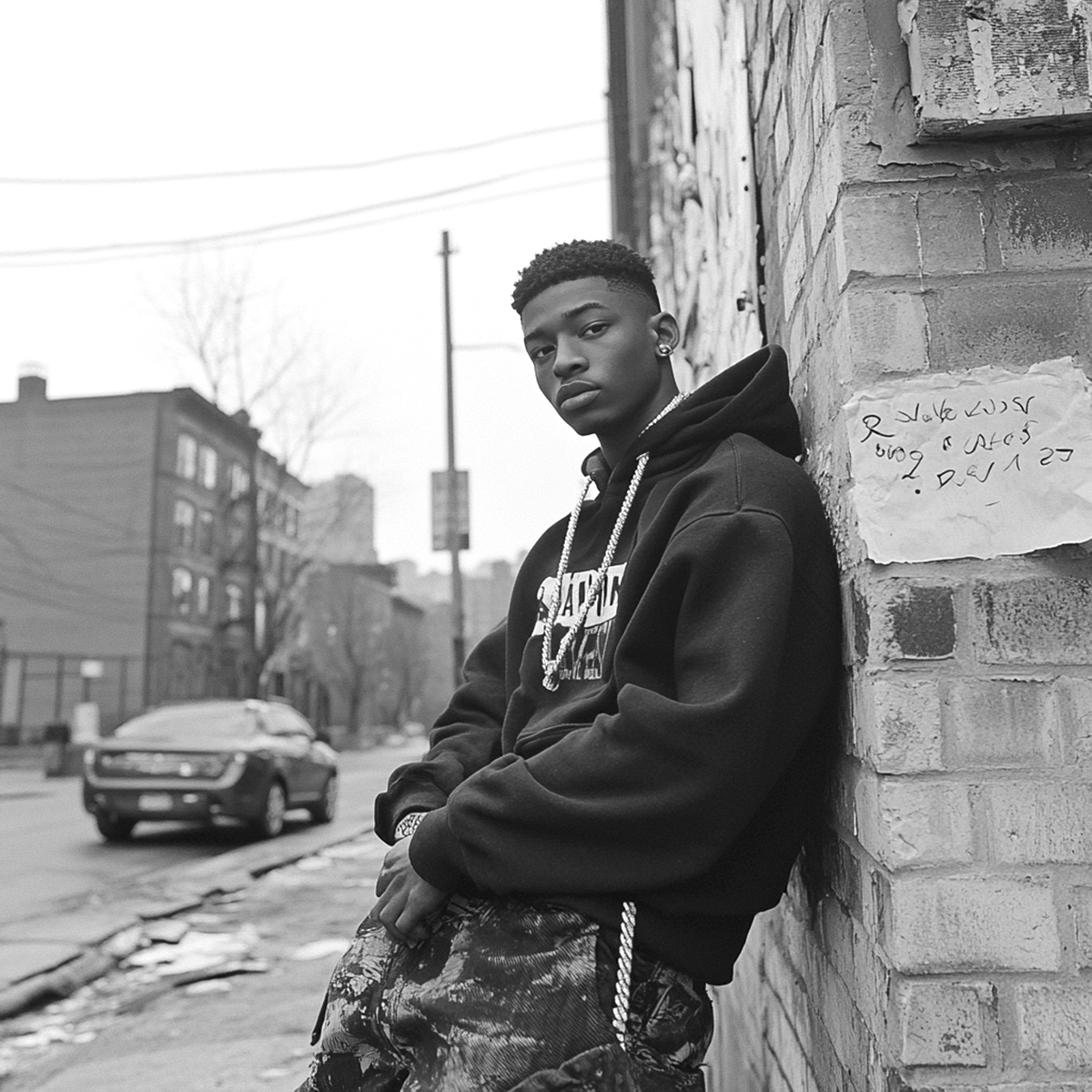 A young man leaning against a brick wall on a bright afternoon.