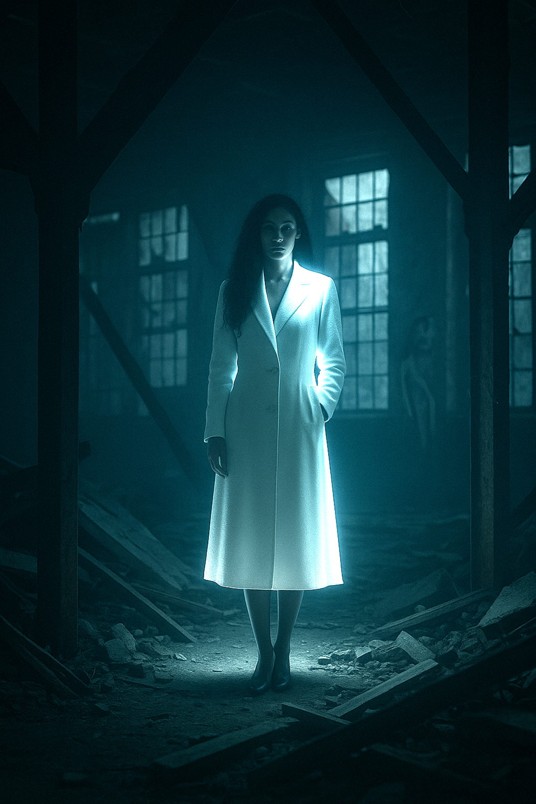 A pale figure standing in a doorway, lit from behind.