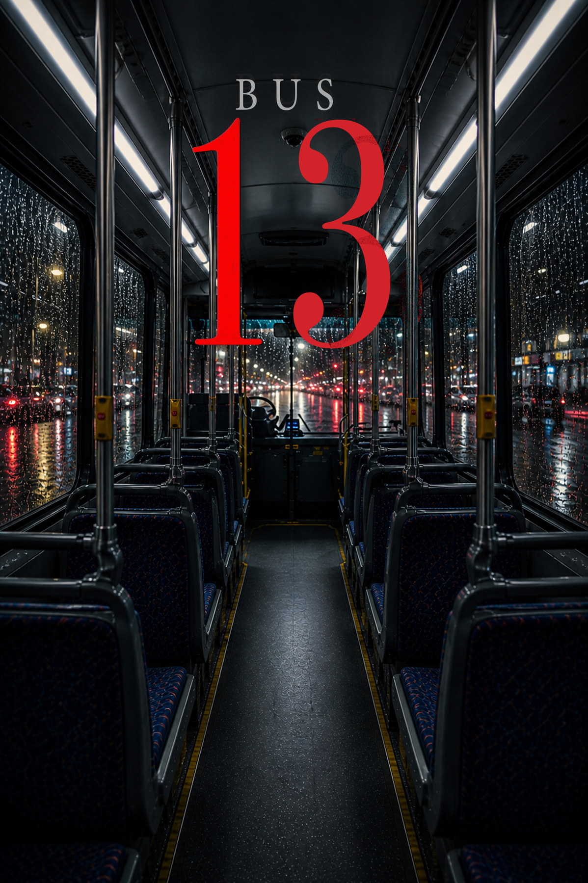 Bus 13 cover: the empty interior of a city bus at night.
