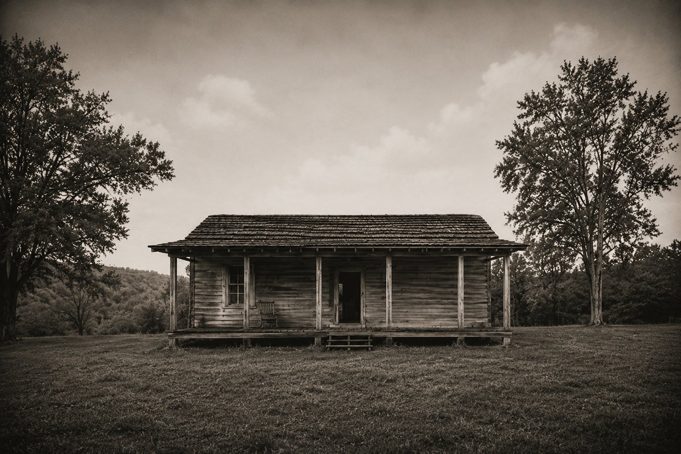 A weathered wooden cabin with a covered porch standing alone in a field between two trees, photographed in sepia.
