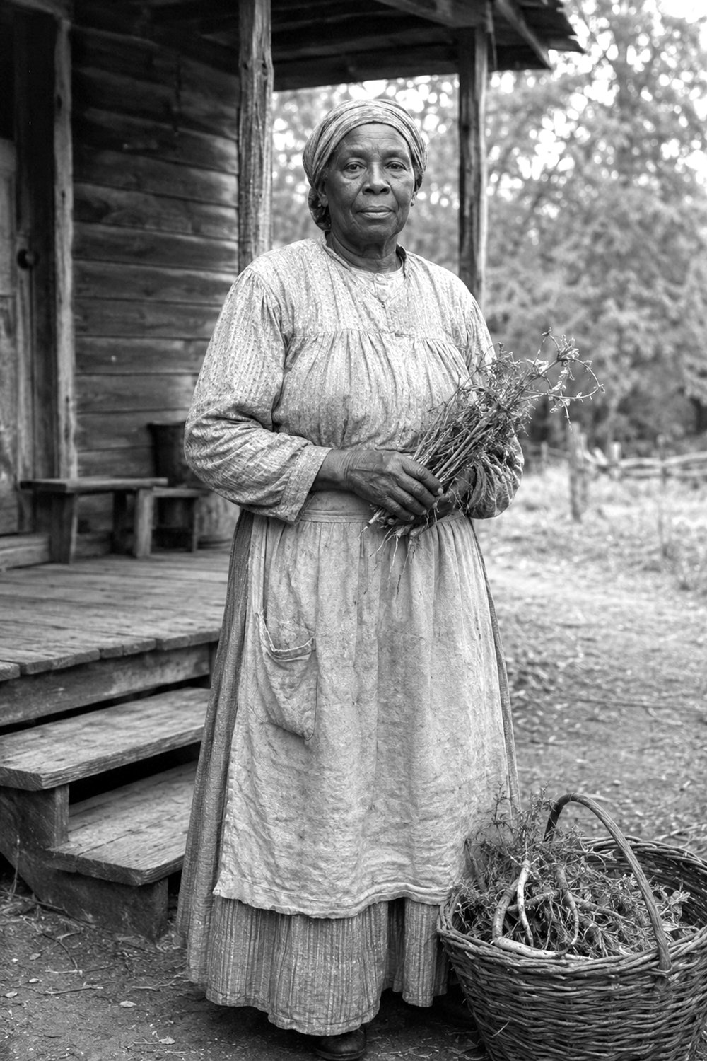 An older woman in a long patterned dress and headwrap standing outside a cabin, holding a bundle of roots, a full basket at her feet.