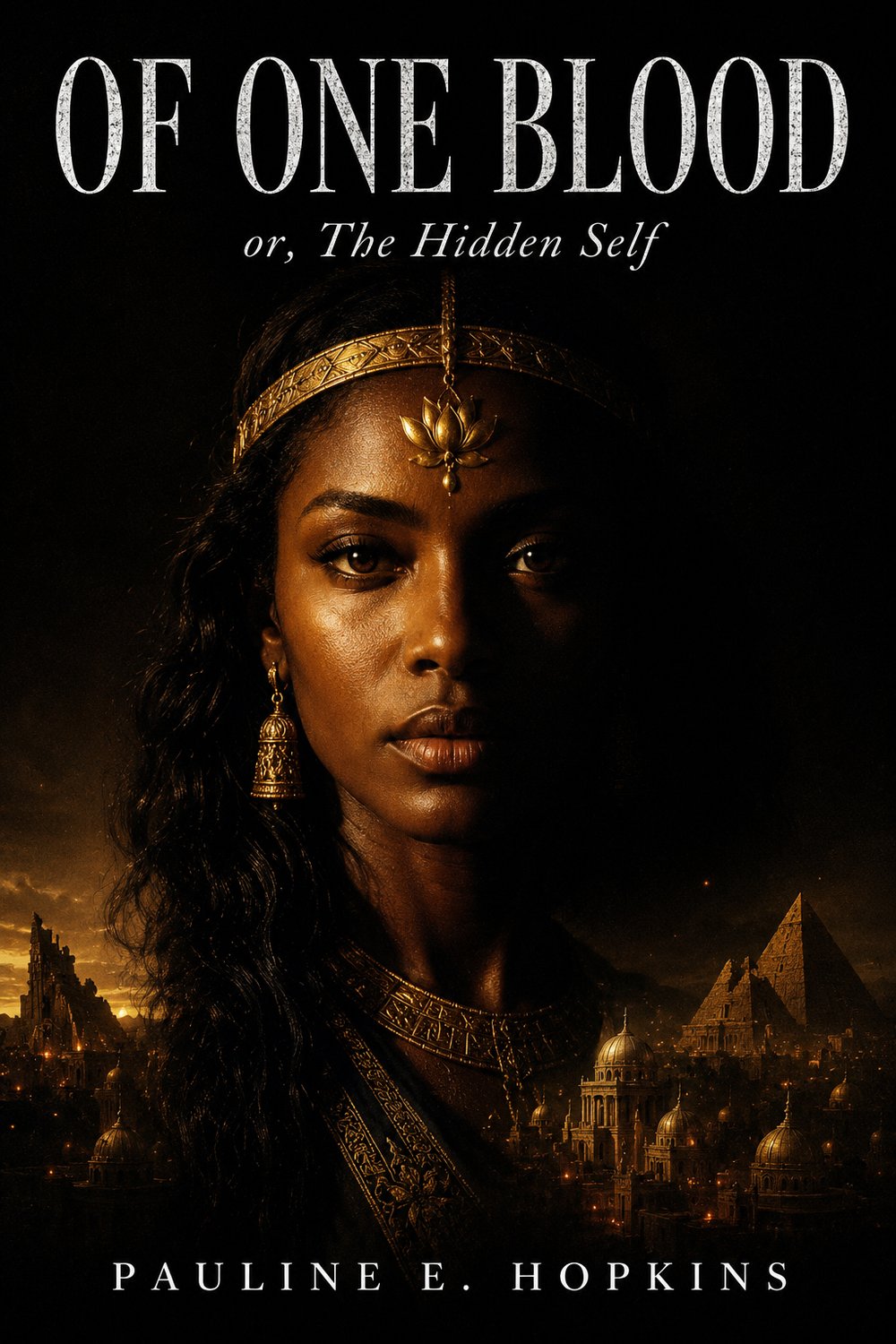 Of One Blood; or, The Hidden Self by Pauline E. Hopkins. Cover showing a woman in gold jewelry above a lamplit ancient city.