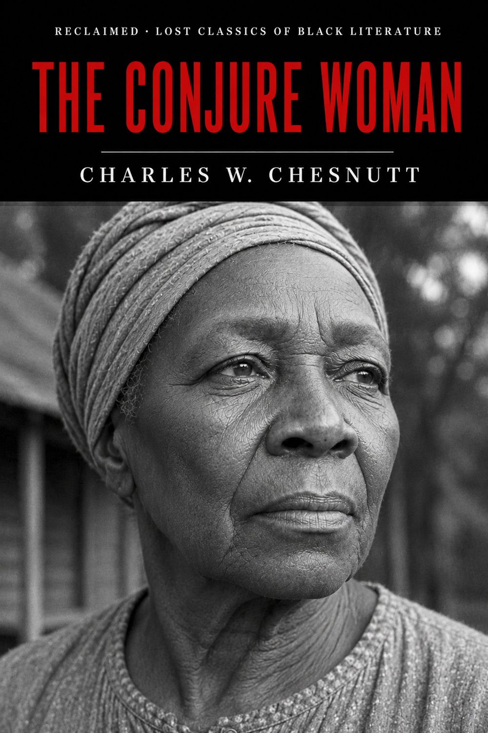 The Conjure Woman by Charles W. Chesnutt. Cover showing a black-and-white portrait of an older woman in a headwrap outside a cabin.