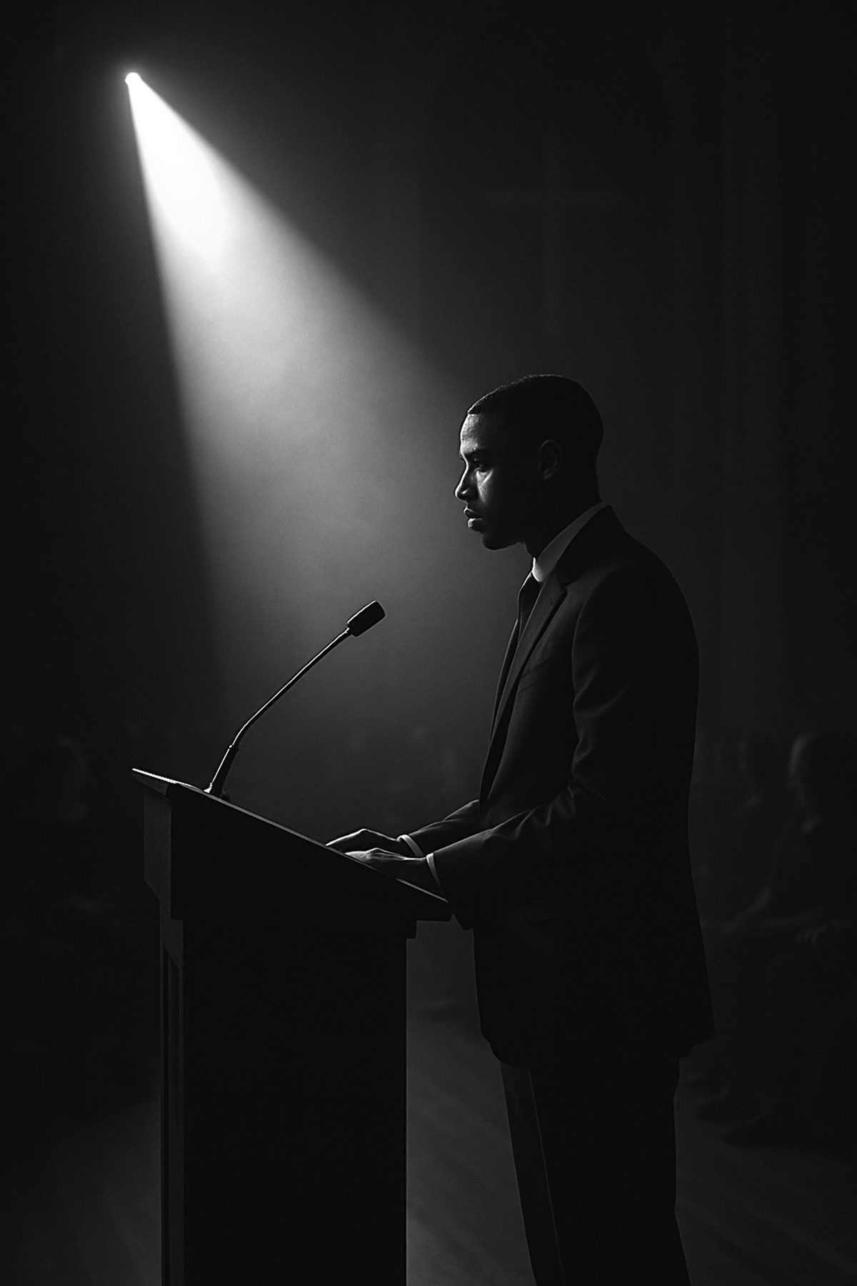 A man at a podium under a single hard light, speaking to a room that is out of frame.