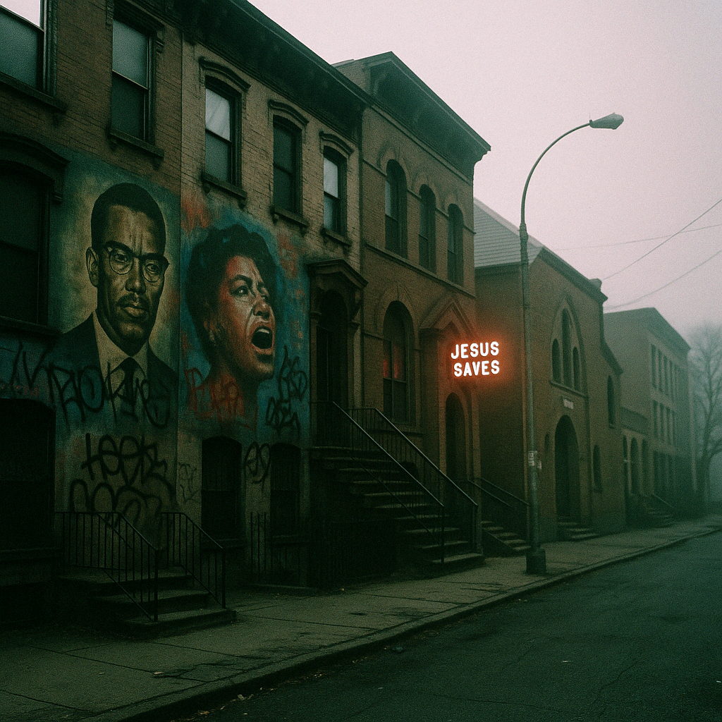 A painted memorial mural on a Bethany wall at dusk, a lit sign glowing further down the block.