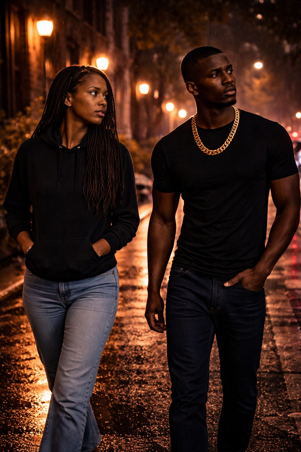 J and Ashley walking a Bethany street after dark.