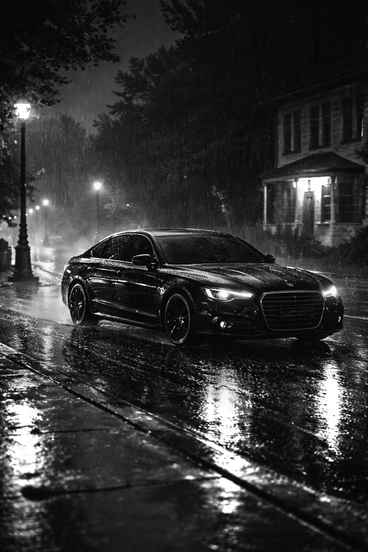 A dark sedan parked on a wet Bethany street at night under a street lamp.