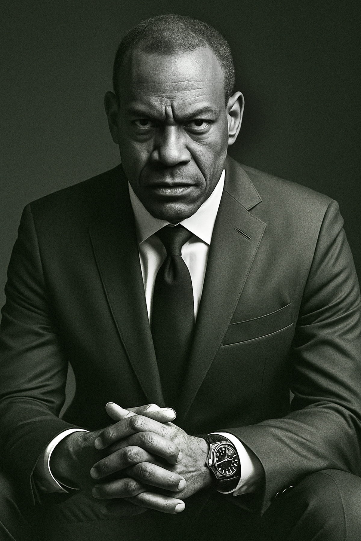 Duval seated in a dark room, hands folded, entirely composed.