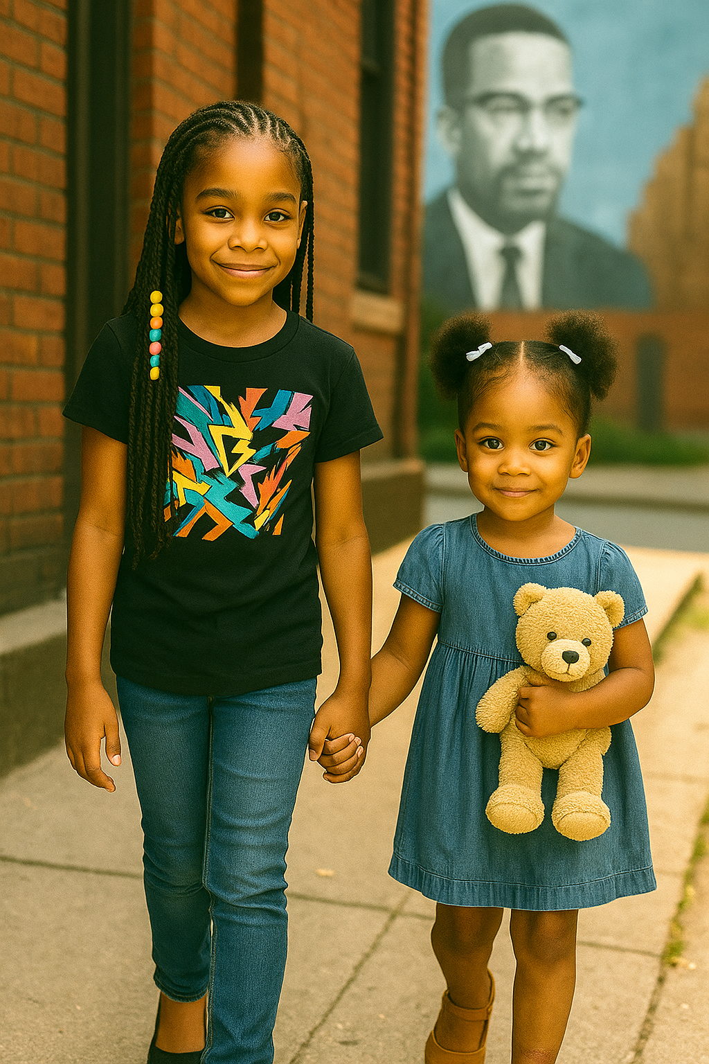 Tiana and Nia holding hands on a Bethany sidewalk.