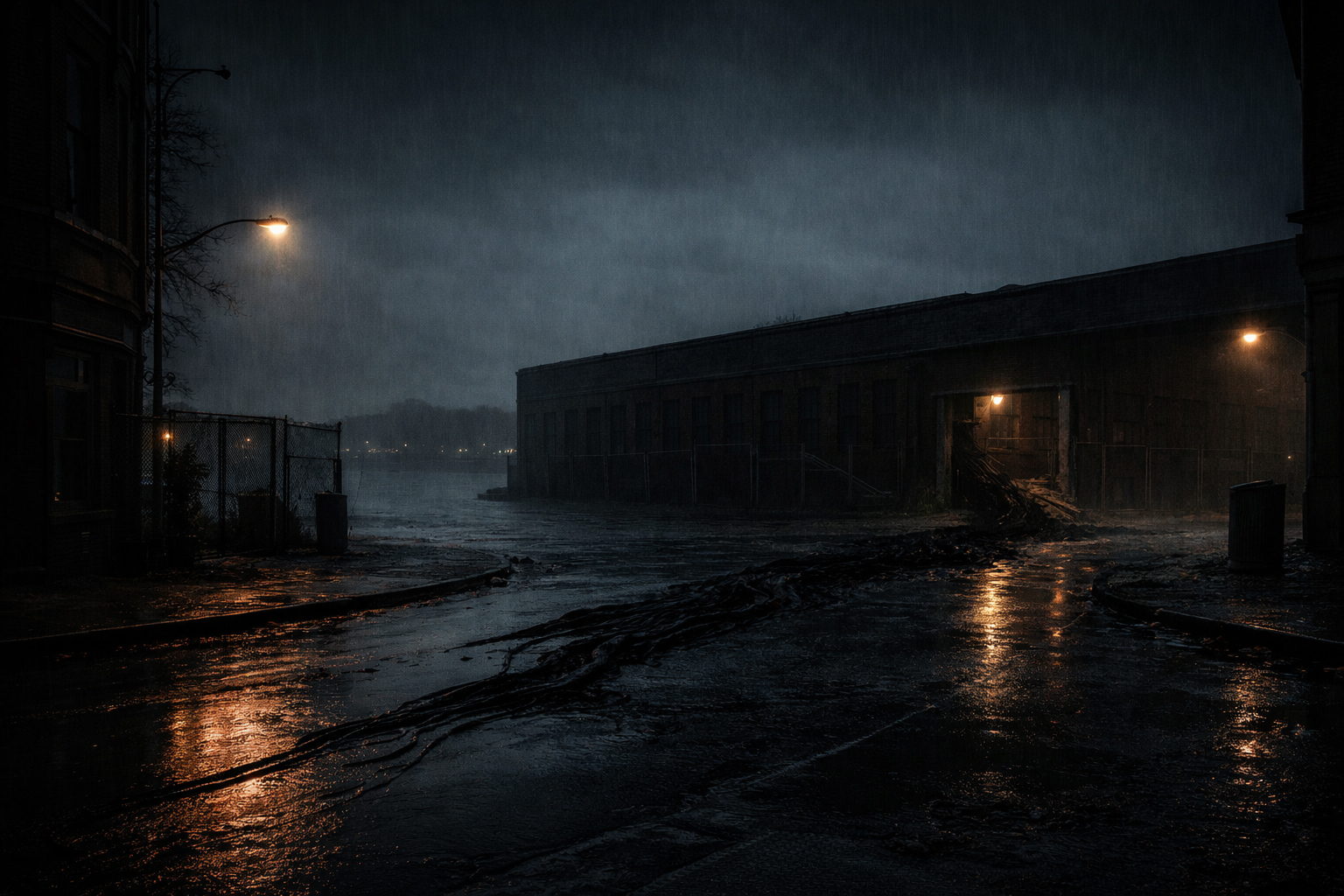Wet ground and low buildings at the edge of the warehouse district at night.